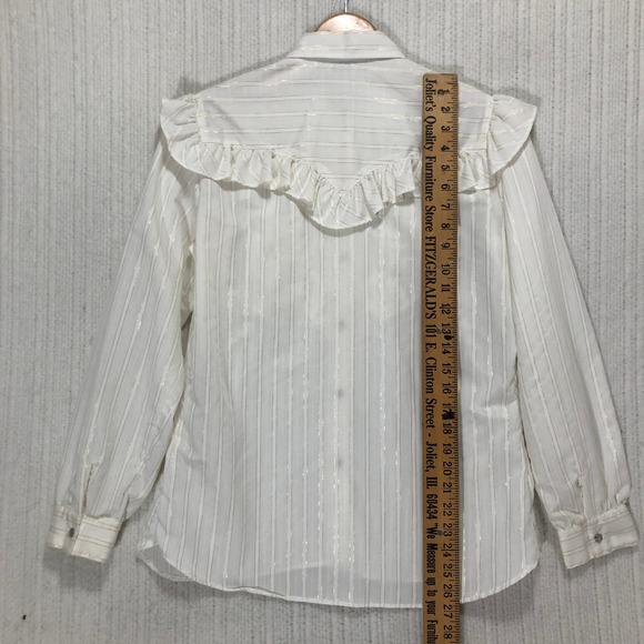 KARMAN White Gold Striped Ruffle Blouse Long Sleeve Button Up Shirt Size 15 16‎ - Picture 7 of 8